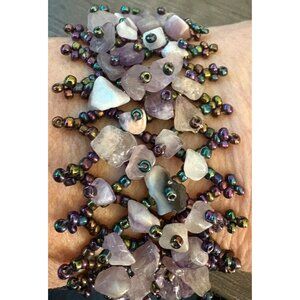 Artisan Handcrafted Bracelet With Amethyst Chunks & Iridescent Glass Seed Beads